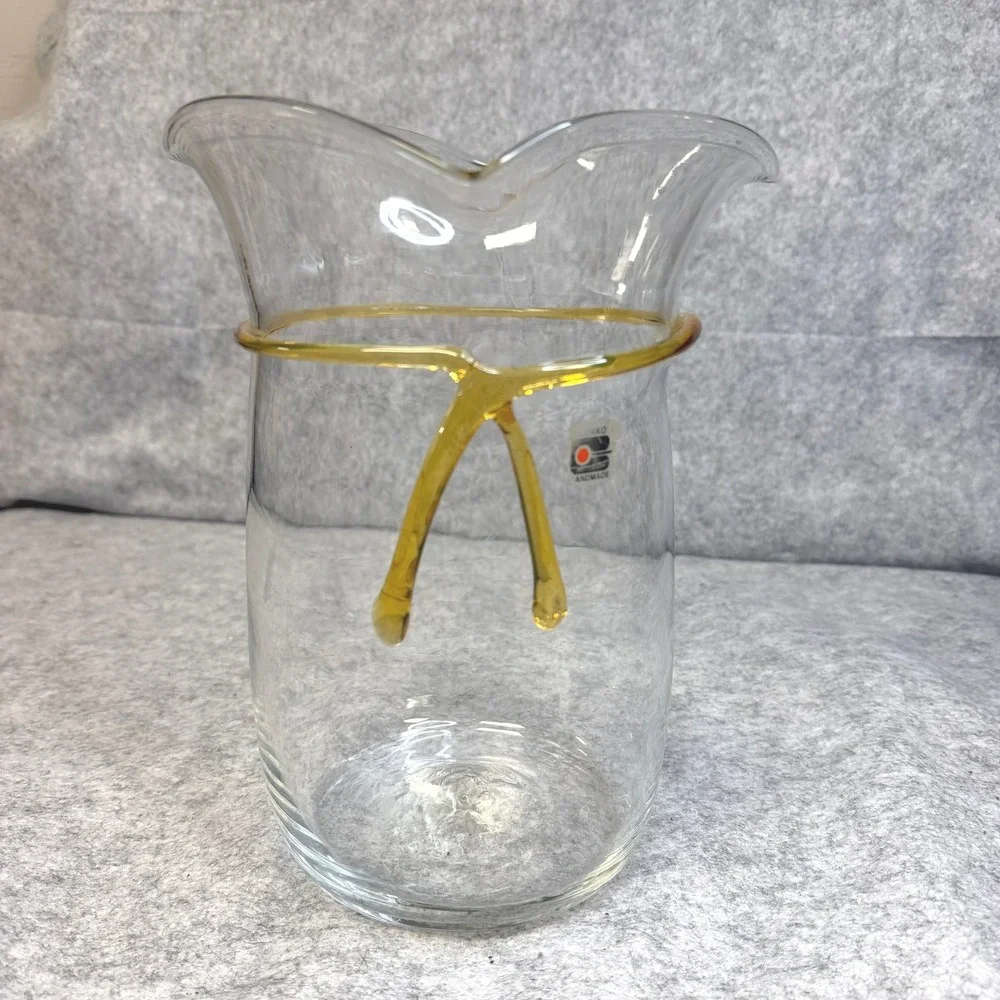 Blenko Art Glass Clear Pitcher Amber Wrap Tie Detail Handblown Vintage MCM 9.5